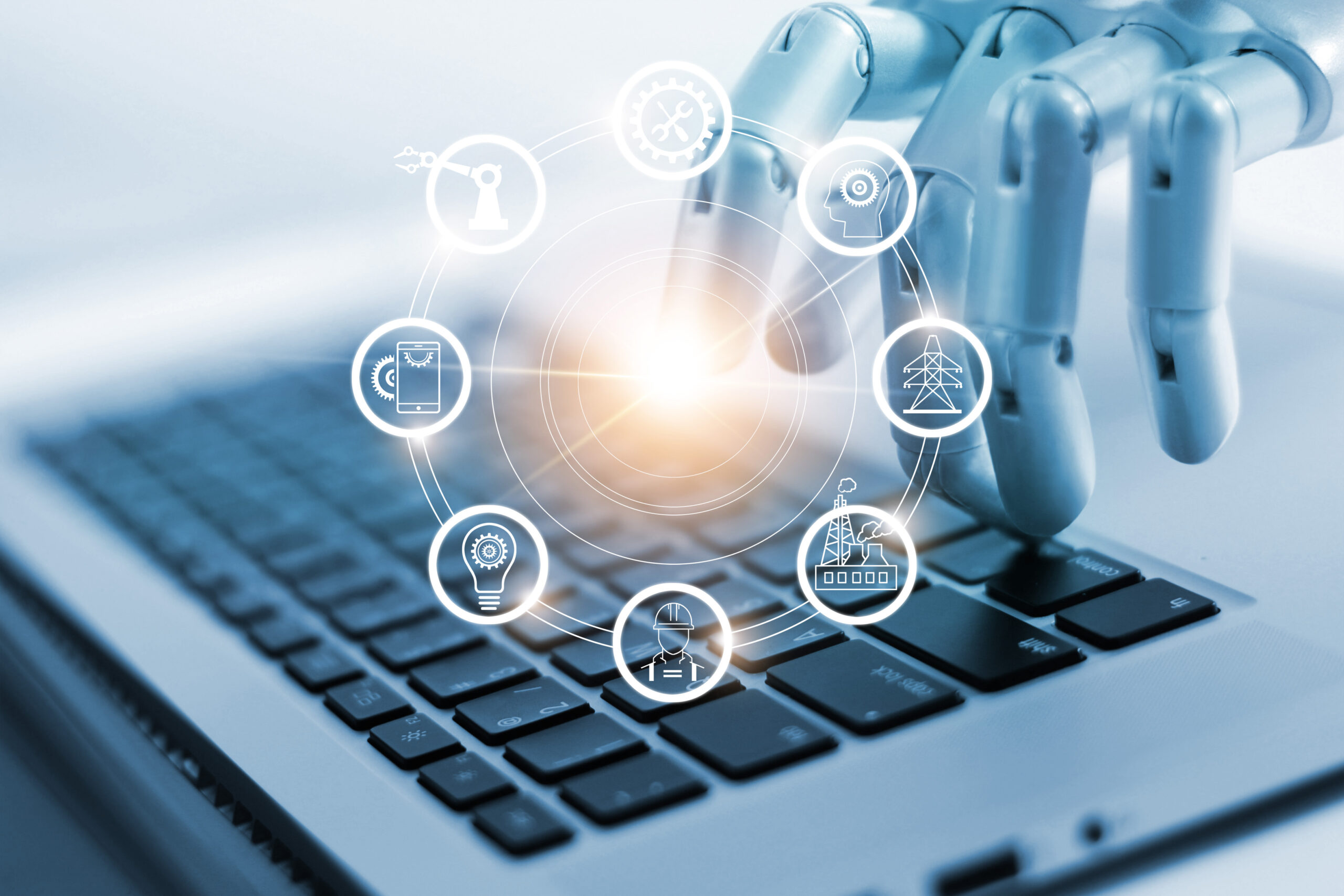 Künstliche Intelligenz, Roboterhand, Tastatur